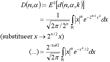 D(n,alfa):=E^0[d(n,alfa,k)]=2^(-n alfa/2)/sqrt(2 pi) int_R |x|^alfa exp(-x^2/2)dx
