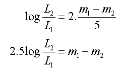 2.5 log helderheidsverhouding = magnitudeverschil