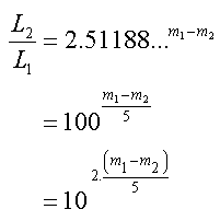 verhouding lichtkracht = 10 tot de macht (2/5 van verschil in magnitude)